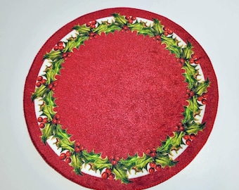 Dollhouse Miniature Rug 1:12 Scale Round Christmas Red Holly Holiday Carpet Velvet Artsian 1/6 scale