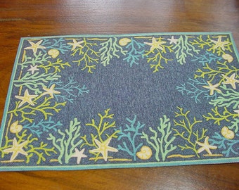 Dollhouse Miniature Rug Light Blue Beach Nautical Seaside Theme Rug Coral, Starfish Coastal Artisan Rug