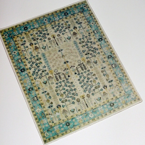 Dollhouse Miniature Rug Blue Tan and Off White Tribal Print on Velvet 8" x 10" Artisan