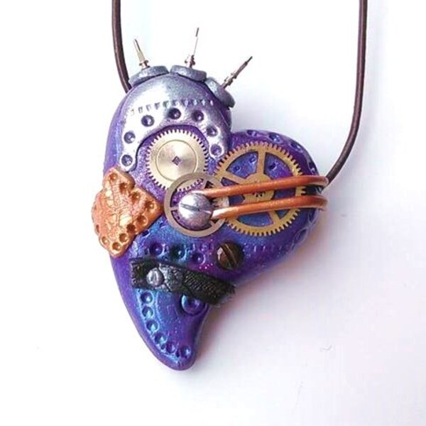 Steampunk Heart Pendant OOAK Polymer Clay Purple gothic Necklace Steampunk jewellery jewelry