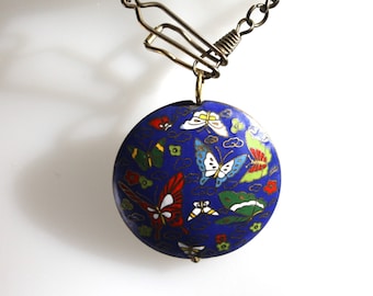Vintage cloisonne Pendant Necklace Blue Butterflies colourful choker style