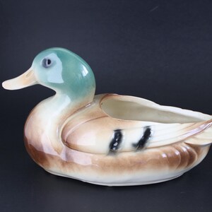 May include: A ceramic duck planter with a green head, brown body, and black markings. The duck is lying on its side with its head turned to the left. The planter has a hollowed-out space in its back for planting.