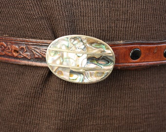 Vintage genuine leather belt crisscross floral motif Abalone Mexican Alpaca silver buckle  Size 32