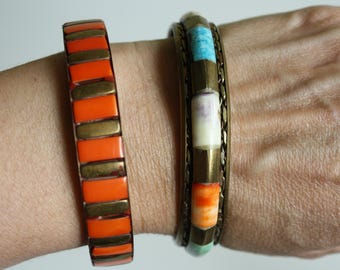 Set of 2 different Vintage Bangles Brass 1970s 1980s orange multi colour