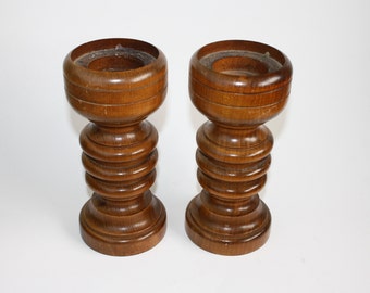 Large Vintage Pillar Candle holders  turned Wood Boho Decor Farmhouse decor