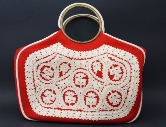 Vintage Felted Purse Red and White Brass handles Unique BoHo
