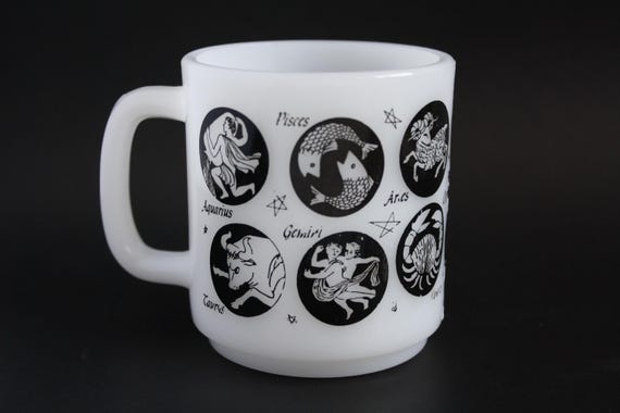Vintage Milkglass Zodiac signs mug Astrology Cup retro kitchen
