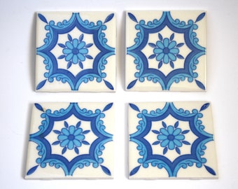 Vintage Blue and White Dal Mexico Tiles Set of 4 floral motif