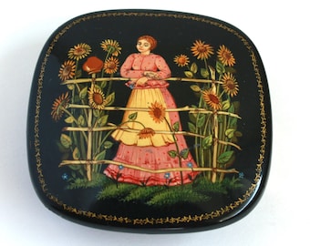 Vintage Lady in Sunflowers Trinket box storage box jewelry box Folk Art lacquerware