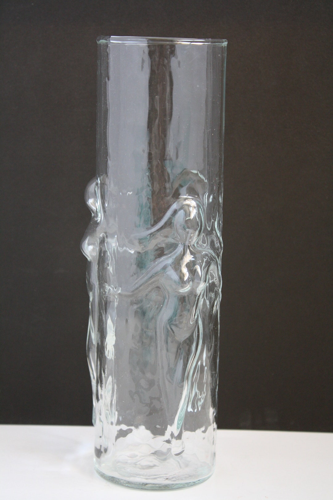 Vintage Clear Glass Vase With 3D Nude Women Dancers Surrounding Tall