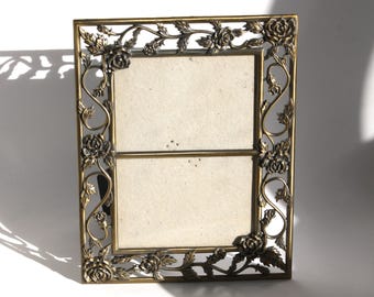 Vintage Brass Double Photo Frame, Ornate Rose Design