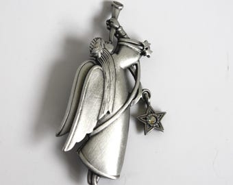 Vintage JJ Pewter Angel Brooch with Rhinestone Star