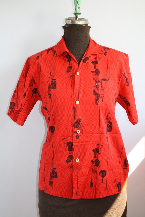 Vintage PINEAPPLE Print Red Hawaiian Shirt Tiki L… - image 1