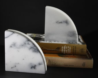 Vintage Marble Bookends Art Deco style Minimalist Decor White and Gray Stone