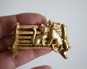 Vintage Gold Tone Cat Brooch: Signed AJC, Cat Lovers Jewelry