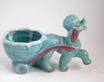 Vintage Poodle Planter Blue french poodle pulling a wagon small plants kitschy decor 1950s 1960s