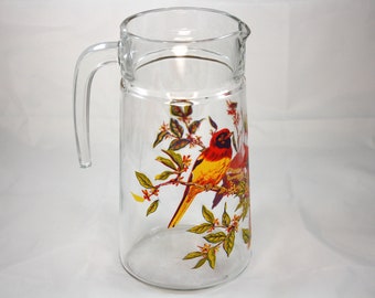 Vintage French Glass Pitcher with Colorful Bird Design