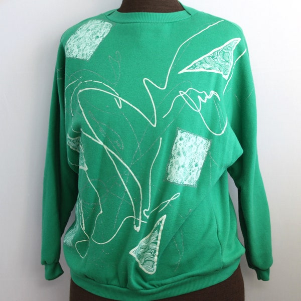 Vintage Barbra Sue 1980s Green sweatshirt Size M Oversized dolman sleeves Geometric pattern