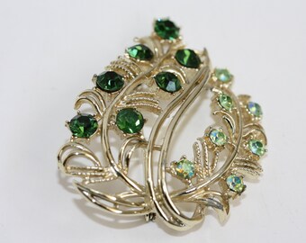 Vintage Green Rhinestone Brooch Pin, Aurora Borealis Accents