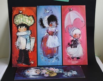 vintage 1970s FITZ Big eyed Litho prints Cute Moppet Set of 4