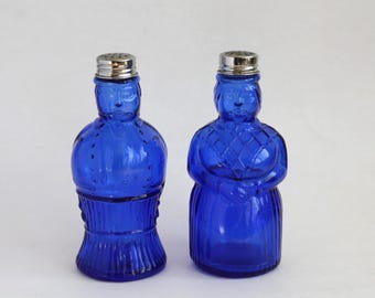 Vintage Imperial Glass cobalt blue Salt and Pepper Shakers Butler and Maid