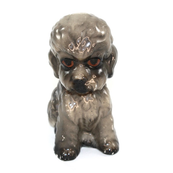 Vintage Puppy dog figurine Japan Poodle charcoal Gray Big brown eyes Adorable Dog lovers