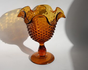 Vintage Amber Glass ruffled edge Fenton Compote dish pedestal bowl hobnail Large