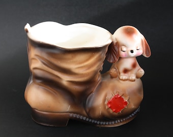 Vintage Puppy Dog Boot Planter, 1950s Kitsch Decor, Marked Japan