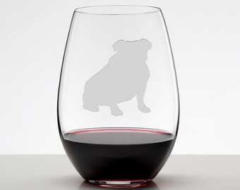 English Bulldog, Bulldog Etched Stemless Wineglass, Wine Glass