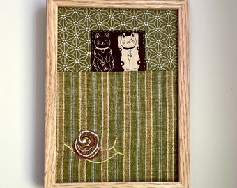 Little Haiku Poetic Shrine Art - Maneki-Neko Good Luck Happy Cats And Snail Appliqué & Embroidery - Framed Or Unframed 5X7” (6X8")