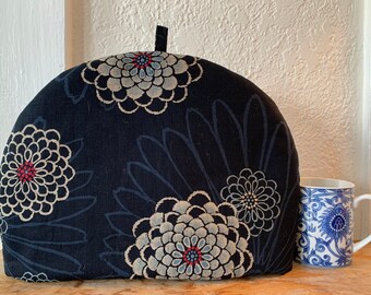 Japanese Style Artisanal Luxe Tea Cozy  - Floating World Series - 5 Sizes - Chrysanthemums On A Black Background