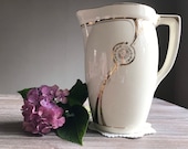 Antique ironstone wash pitcher, Large washing jug, golden geometrical pattern, Art Deco, european vintage home decor, country boho chic