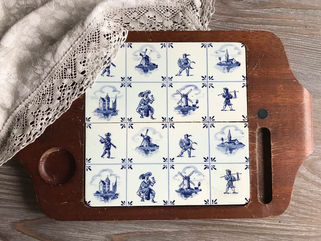 Dutch Vintage Wooden Ceramic Cutting Board With Tile, Wooden Chopping