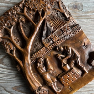 Vintage carved wood picture, Relief wooden wall art, Solid wood mid century wall home decor, Country farmhouse, sculptural hand crafted