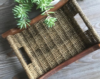 Vintage rectangular wicker tray with wooden edges, woven low basket tray, country Farmhouse home decor, rustic