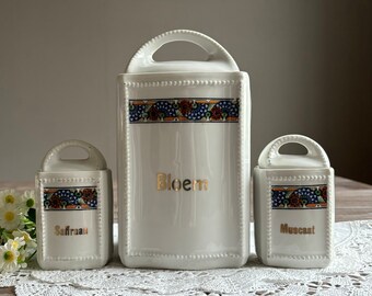 Vintage ceramic kitchen storage containers with lids, Whiteware porcelain canisters, Kitchen storage jar with lid