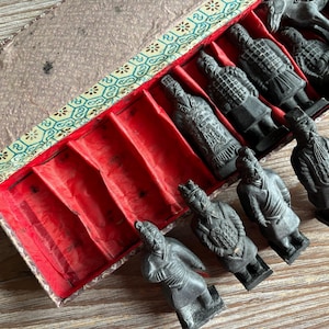 Vintage set of 9 Terracotta Warriors Sculptures, Terracotta Army figurines statues, original box, Qin Dynasty China Chinese vintage