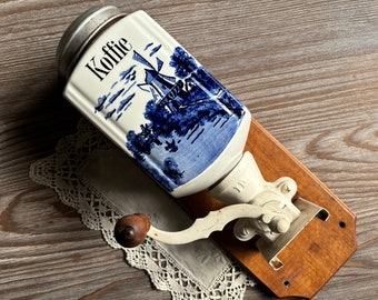 Moulin à café en céramique vintage hollandais, moulin manuel mural, bleu de Delft blanc, cadeau pour amateur de cafetière, outil de cuisine de ferme de campagne