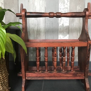 Vintage wooden newspaper holder, Wooden magazine rack, Dark wood, Mid century furniture, country Farmhouse home decor, rustic primitive