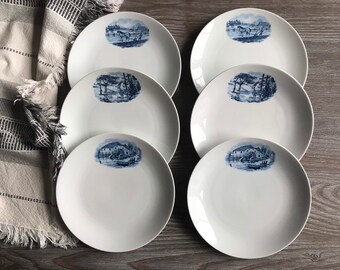 Set of 6 vintage plates with blue print, Dutch delft blue style, white blue pictures, German Seltmann mid century tableware