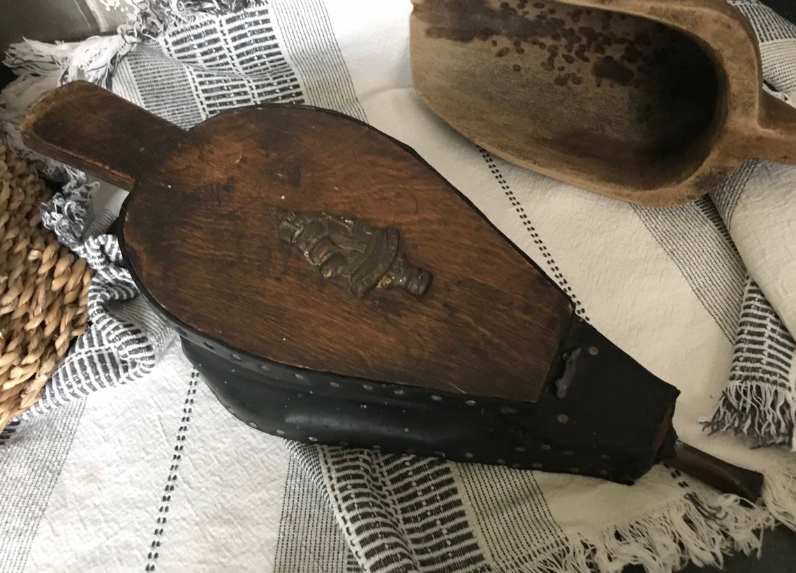 Antique fireplace hand air blower wooden leather metal fire Etsy