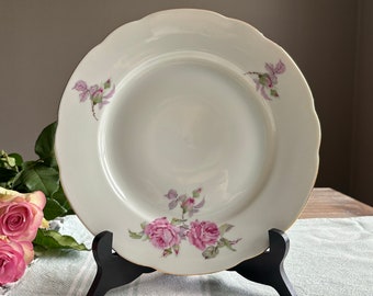 Vintage soup fine porcelain 10" plates, Set of 4, MZ Czechoslovakia porcleain, Stencilware ceramic plate, Pink roses flowers floral bohemian