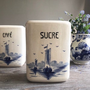 Antique porcelain kitchen storage containers, Blue white porcelain canisters, Vintage kitchen ceramic storage jar pot, Country farmhouse
