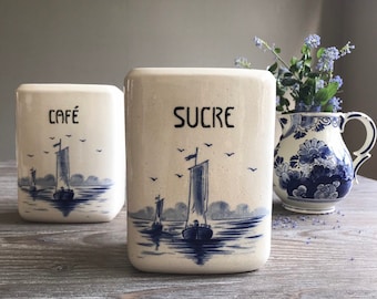 Antique porcelain kitchen storage containers, Blue white porcelain canisters, Vintage kitchen ceramic storage jar pot, Country farmhouse