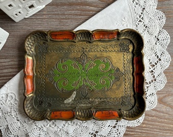 Vassoio da portata fiorentino, vintage italiano, metà degli anni &#39;60, vassoio arancione verde, arredamento boho chic per la casa, shabby chic, rustico rustico di campagna