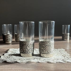 W Germany vintage glasses, Relief floral metal holders, Set of 2, Metal cup holders, Tea maker, mid century metalware, Country Farmhouse