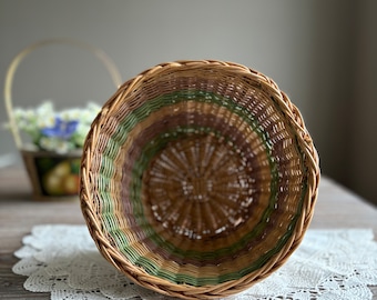 Vintage Round Wicker Basket, Mint Green Decorative Basket, Wicker