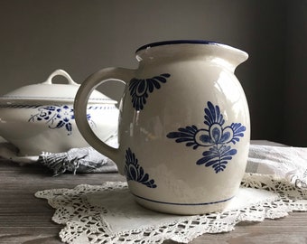 Vintage ironstone glazed ceramic water pitcher with blue print, Whiteware Milk jug, Home decor, Country farmhouse, boho shabby chic retro