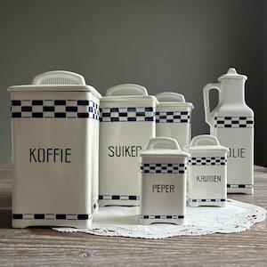 Antike Keramik Küchenvorratsbehälter, 6er-Set, Karierte Transferware Weißware Art-Deco-Kanister, Blau-Weiß-Küchenaufbewahrung