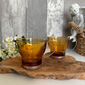 2 Vintage coffee glasses with metal handle, Amber color glass, Glass tableware glassware, Country Farmhouse boho chic